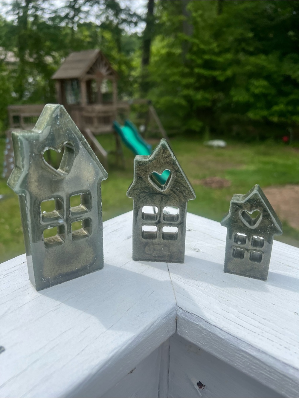Set of 3 Decorative Handmade Resin House Figurines - Olive Green